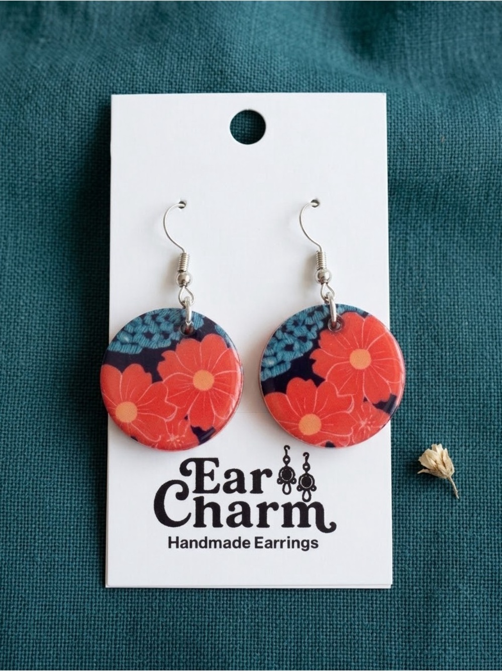 New - Red Floral Round Dangle Earrings